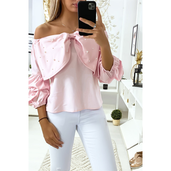 Blouse rose avec papillons ornée de strass à l'avant - 2