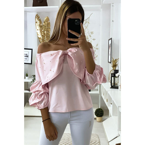 Blouse rose avec papillons ornée de strass à l'avant - 3