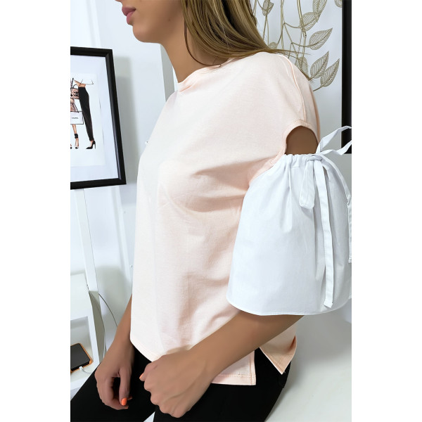 Haut rose bi-matière avec manche bouffante dénudé - 3