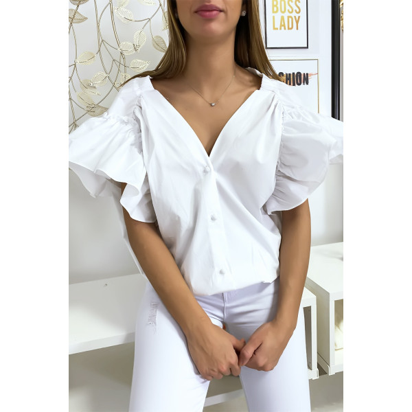 Blouse chemise blanche boutonnés à l'avant  avec volant aux manches et fronce aux épaules - 1