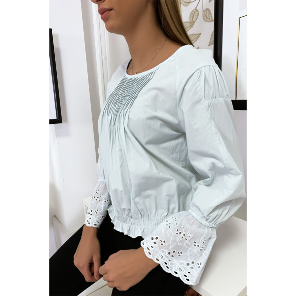 Blouse bleu plissé au buste avec volant en dentelle aux manches - 2