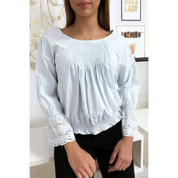 Blouse bleu plissé au buste avec volant en dentelle aux manches - 4