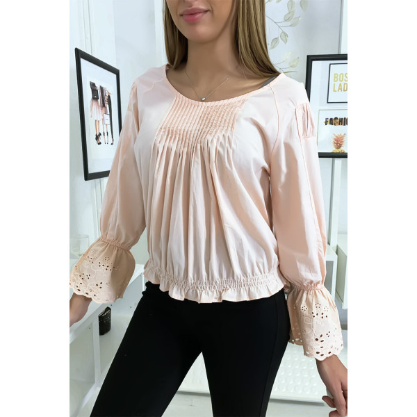 Blouse rose plissé au buste avec volant en dentelle aux manches - 2