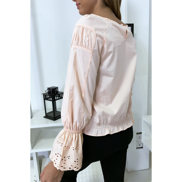 Blouse rose plissé au buste avec volant en dentelle aux manches - 3