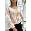 Blouse rose plissé au buste avec volant en dentelle aux manches - 4