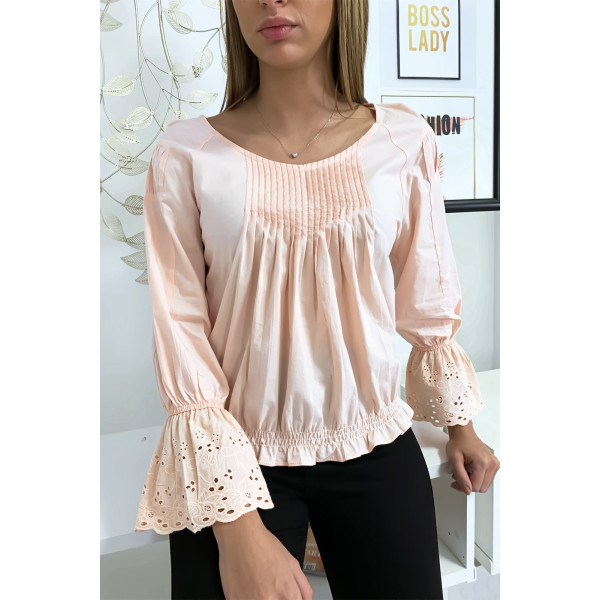 Blouse rose plissé au buste avec volant en dentelle aux manches - 5