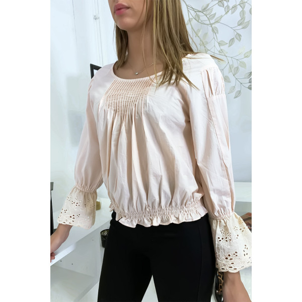 Blouse rose plissé au buste avec volant en dentelle aux manches - 8