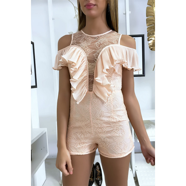 Combi-short en dentelle rose avec de jolis volant plissé - 1