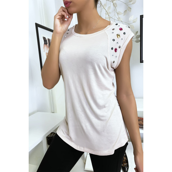 Tee shirt beige avec strass aux épaules - 2