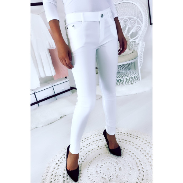 Pantalon slim Blanc, basic avec poche avant et arrière - 3