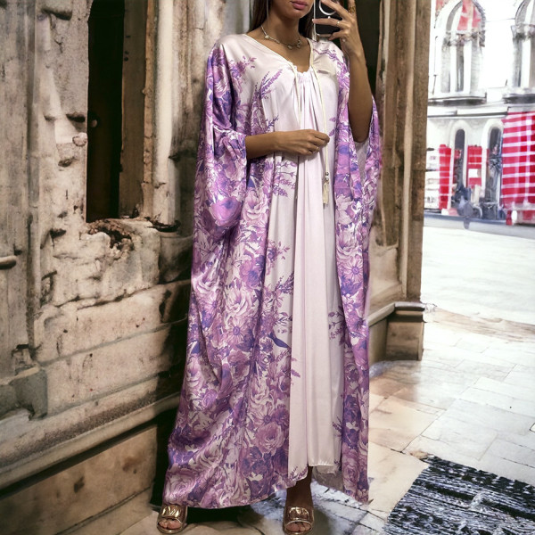 Longue robe ample satiné lilas motif fleuris - 1