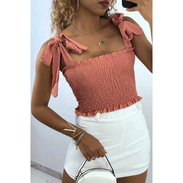 Crop top bustier froncé rose foncé avec bretelle à nouer  - 1