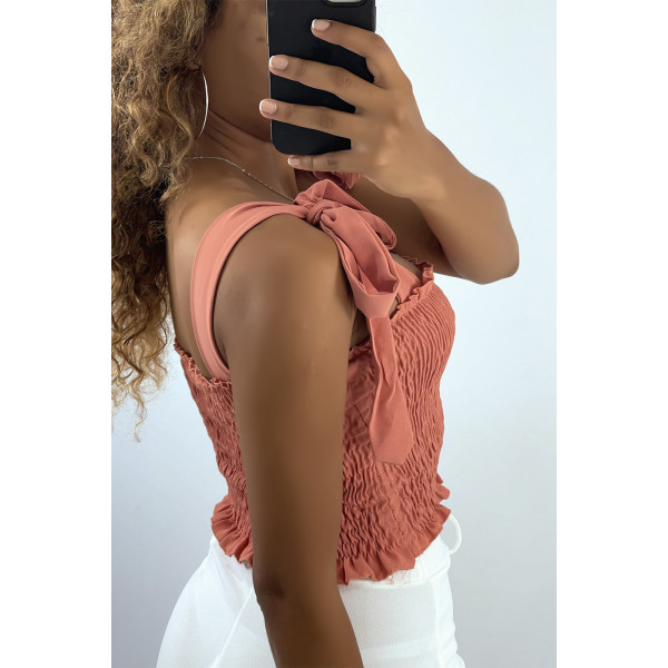 Crop top bustier froncé rose foncé avec bretelle à nouer  - 3