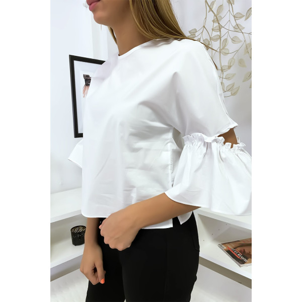 Blouse blanche manches volantes avec joli petit noeud - 2