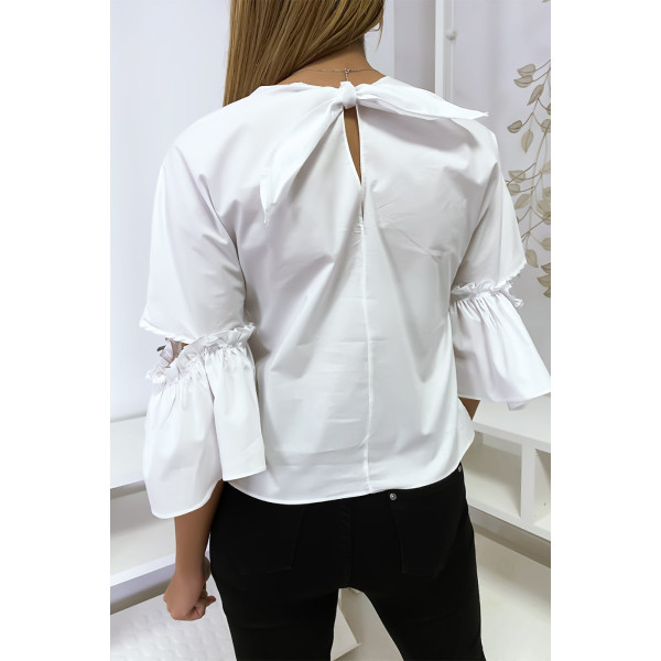 Blouse blanche manches volantes avec joli petit noeud - 5