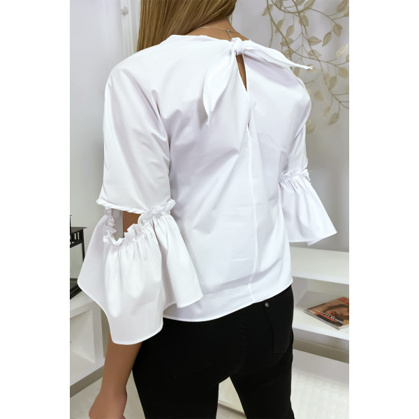 Blouse blanche manches volantes avec joli petit noeud - 6