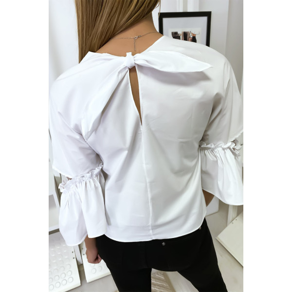 Blouse blanche manches volantes avec joli petit noeud - 7