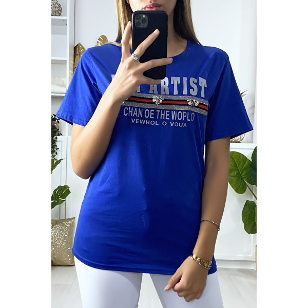 T-shirt royal avec écriture et strass - 1