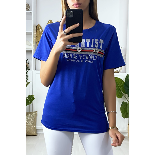 T-shirt royal avec écriture et strass - 3