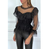 Blouse noire en dentelle à volants et col haut et plumetis - 3