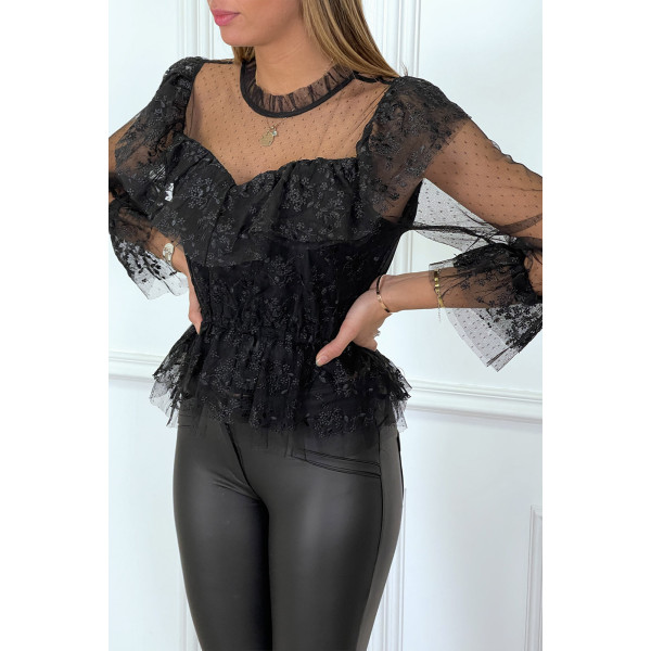 Blouse noire en dentelle à volants et col haut et plumetis - 4