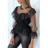 Blouse noire en dentelle à volants et col haut et plumetis - 5