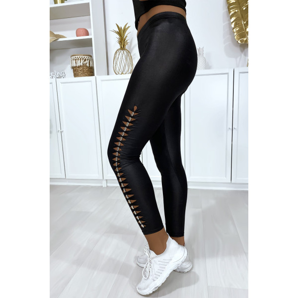 Legging noir brillant très extensible avec accessoire sur les cotés - 1