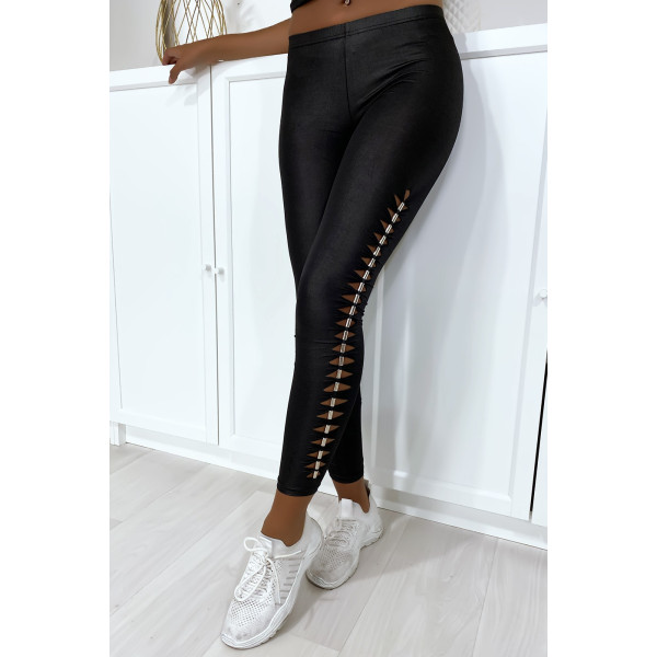 Legging noir brillant très extensible avec accessoire sur les cotés - 6