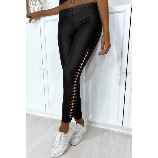 Legging noir brillant très extensible avec accessoire sur les cotés - 7