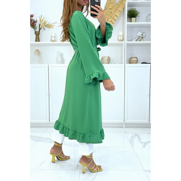 Abaya kimono vert avec volant et ceinture - 4