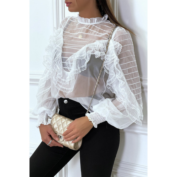 Blouse blanche en tulle avec broderie et volant - 3