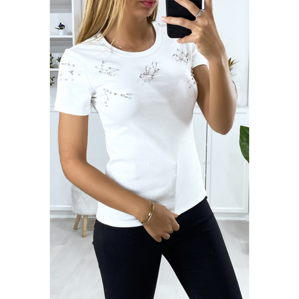 T-shirt blanc avec strass au buste - 1