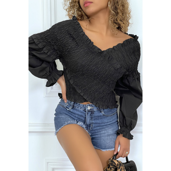 Blouse plissée noire, à manches longues bouffantes - 4