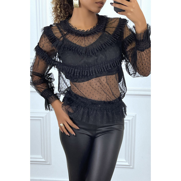 Blouse noire à tulle plumetis et dentelle en volants, à collerette - 1