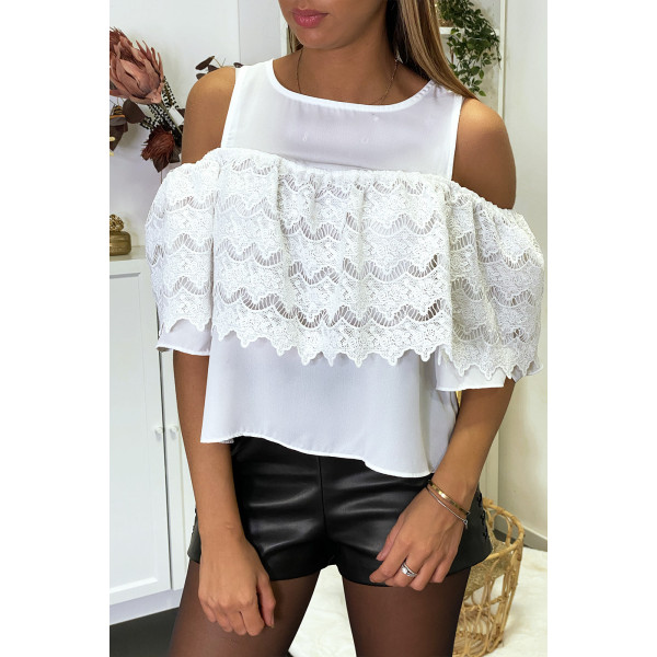 Blouse blanche à épaules dénudées et doublure crochet - 1