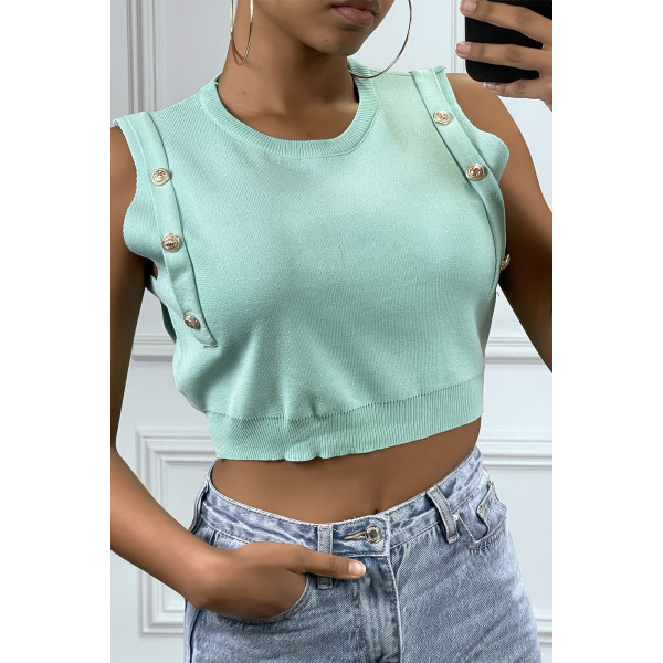 Top debardeur court vert turquoise avec boutons dorée - 1