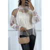 Blouse beige en tulle transparent perlé à col haut - 1