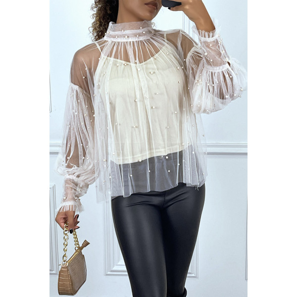 Blouse beige en tulle transparent perlé à col haut - 2