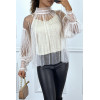 Blouse beige en tulle transparent perlé à col haut - 2