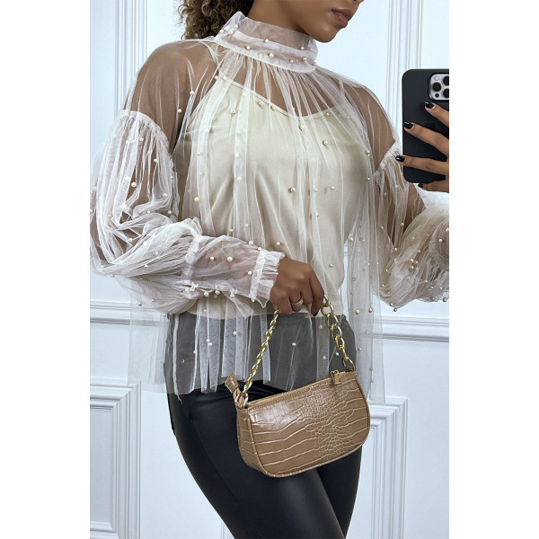 Blouse beige en tulle transparent perlé à col haut - 3