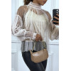 Blouse beige en tulle transparent perlé à col haut - 3