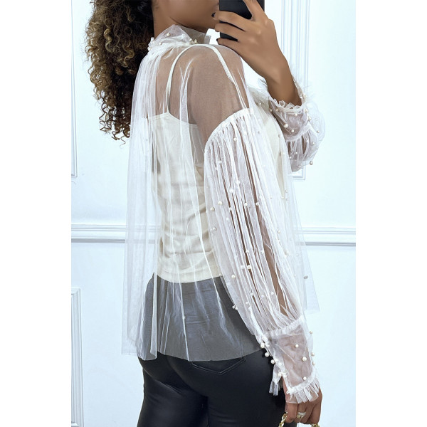 Blouse beige en tulle transparent perlé à col haut - 4