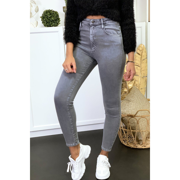 Jeans gris en taille haute très extensible avec poches - 1