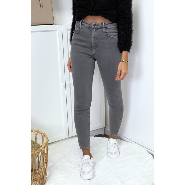 Jeans gris en taille haute très extensible avec poches - 3