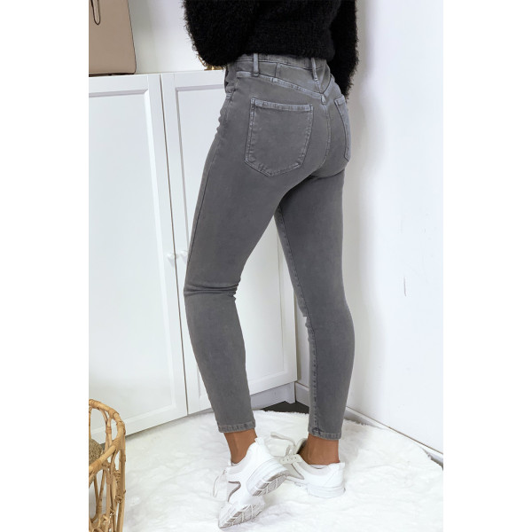 Jeans gris en taille haute très extensible avec poches - 4