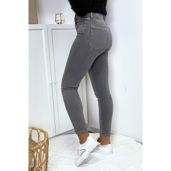 Jeans gris en taille haute très extensible avec poches - 5