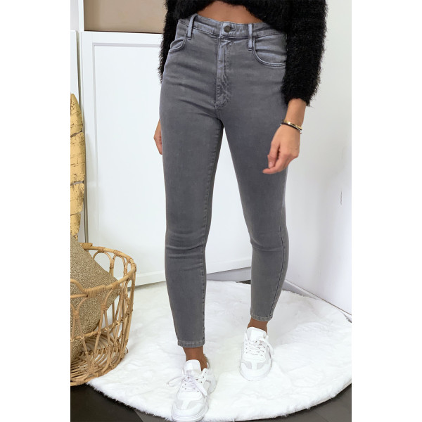 Jeans gris en taille haute très extensible avec poches - 8