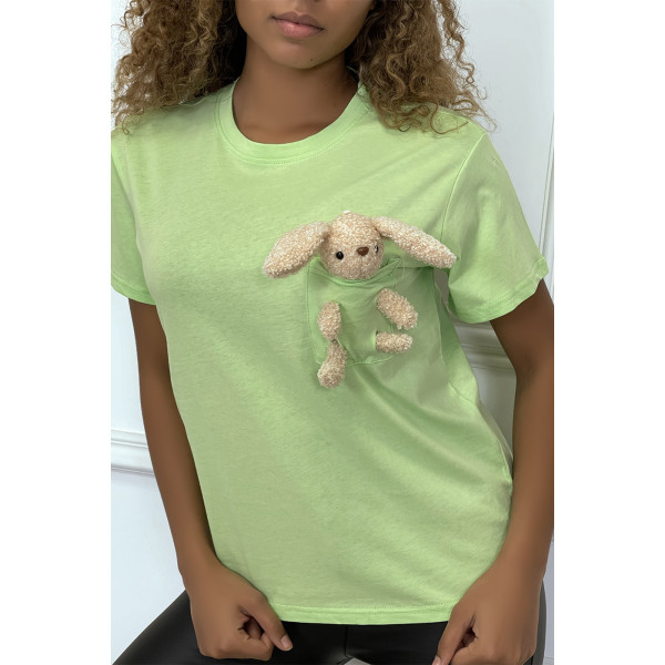 T-shirt vert anis à poche doudou col rond et manches courtes - 3