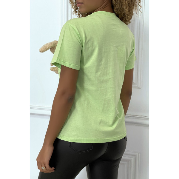 T-shirt vert anis à poche doudou col rond et manches courtes - 4