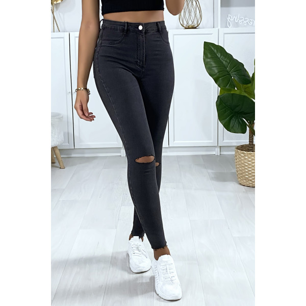 Jeans slim en anthracite déchiré aux genoux avec poches à l'arrière - 1